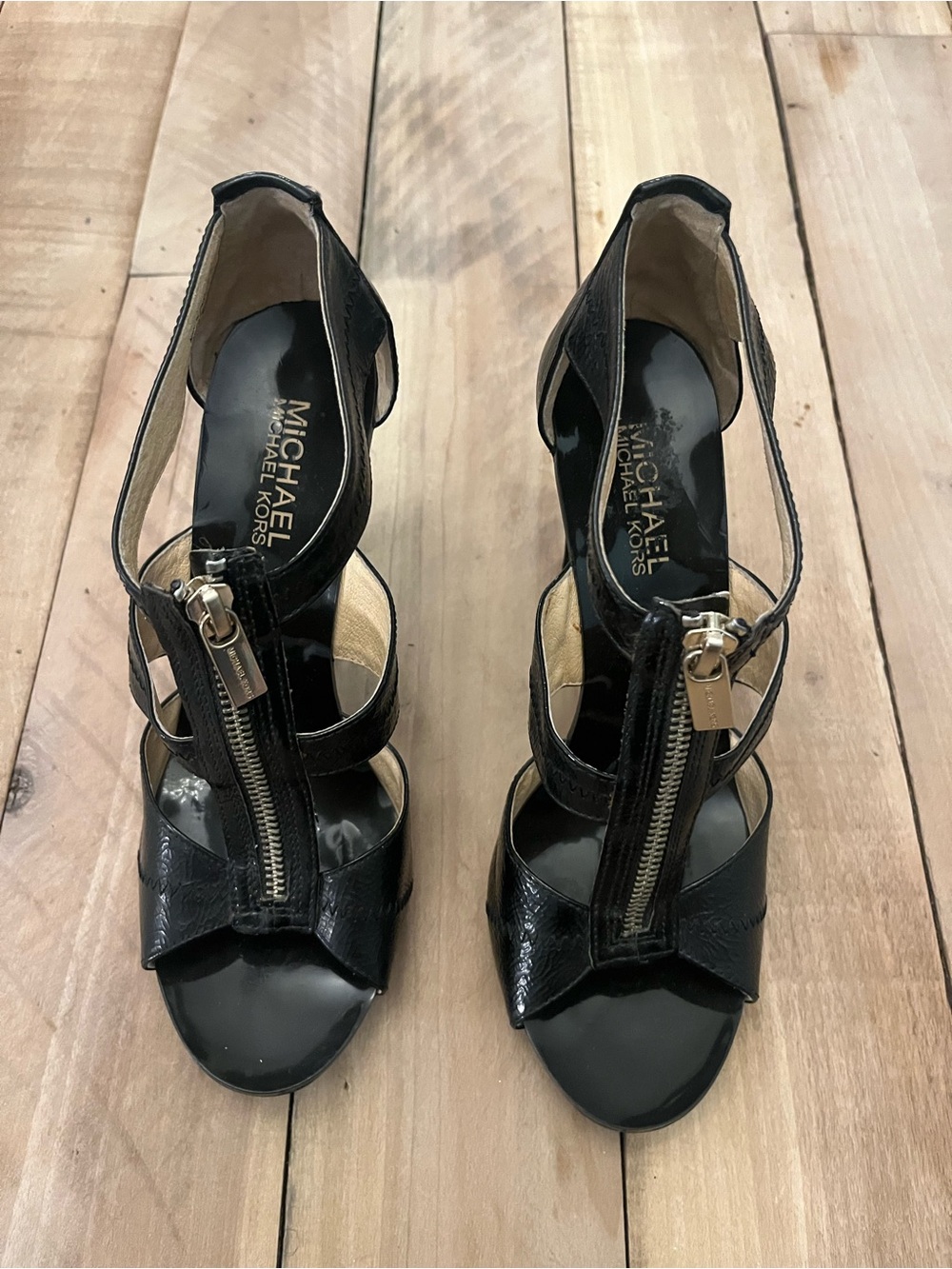 Michael Kors Black Genuine Patent Leather Heels with Zipper Detail, Size 6.5
